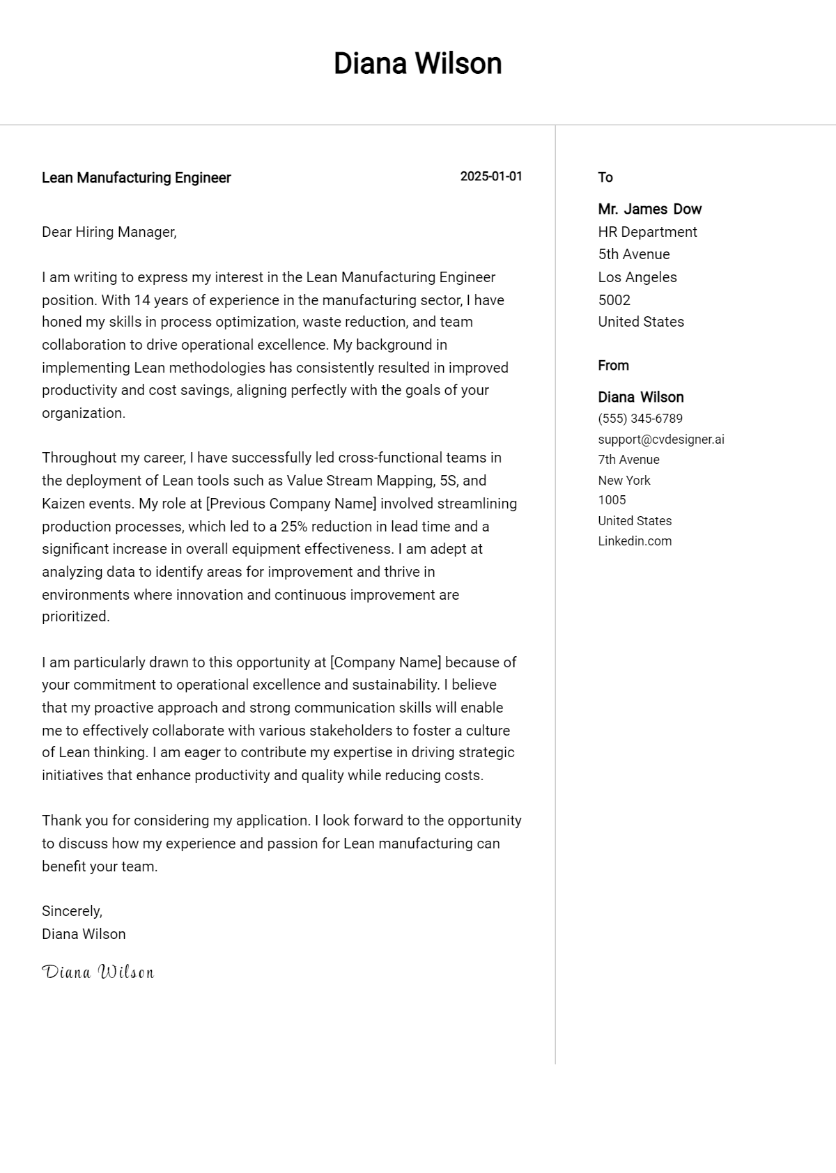 lean manufacturing engineer cover letter example