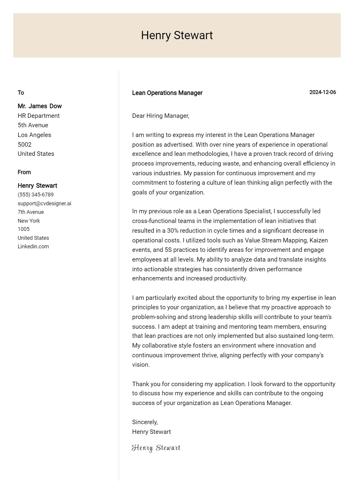 lean operations manager cover letter example