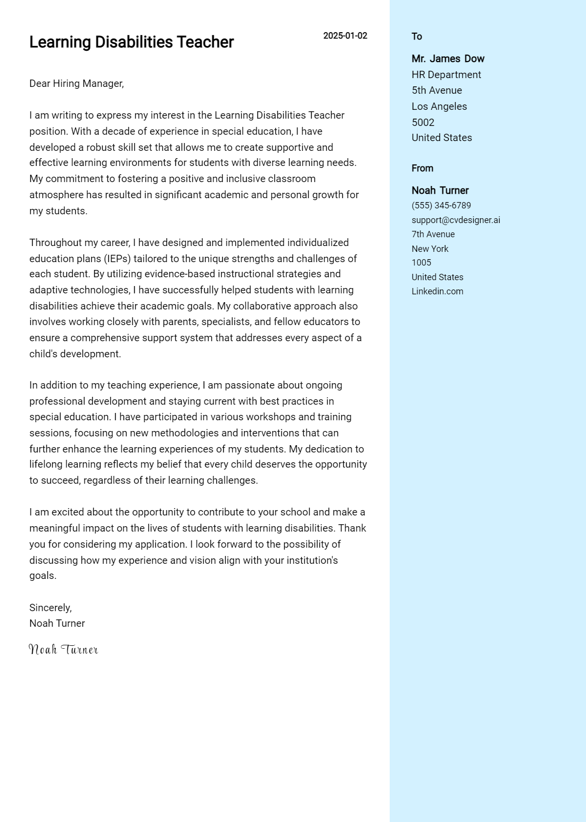 learning disabilities teacher cover letter example