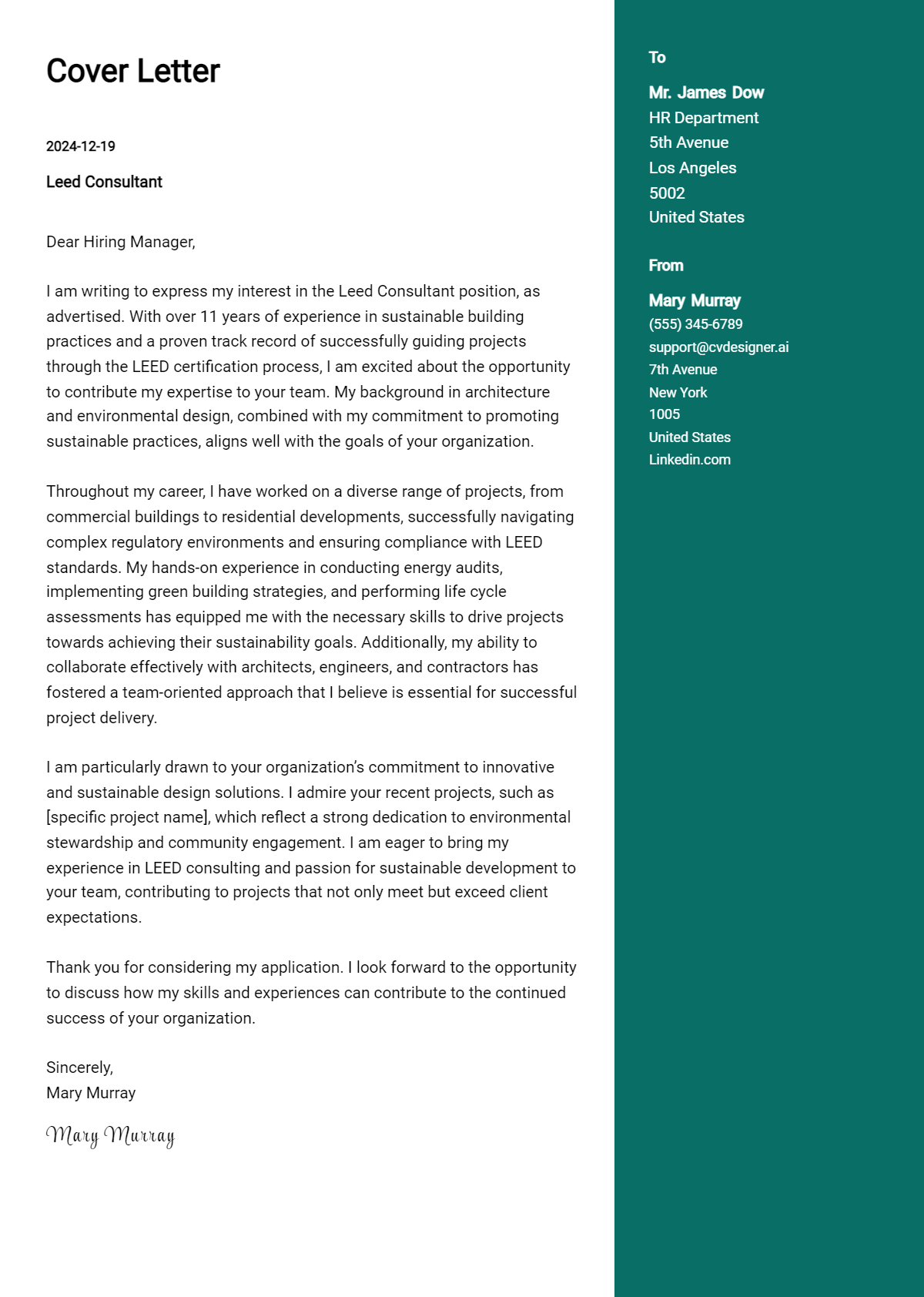 leed consultant cover letter example