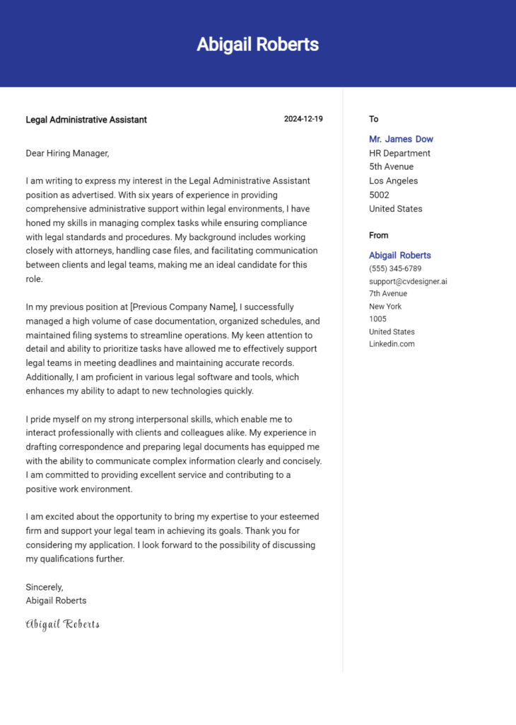 legal administrative assistant cover letter example