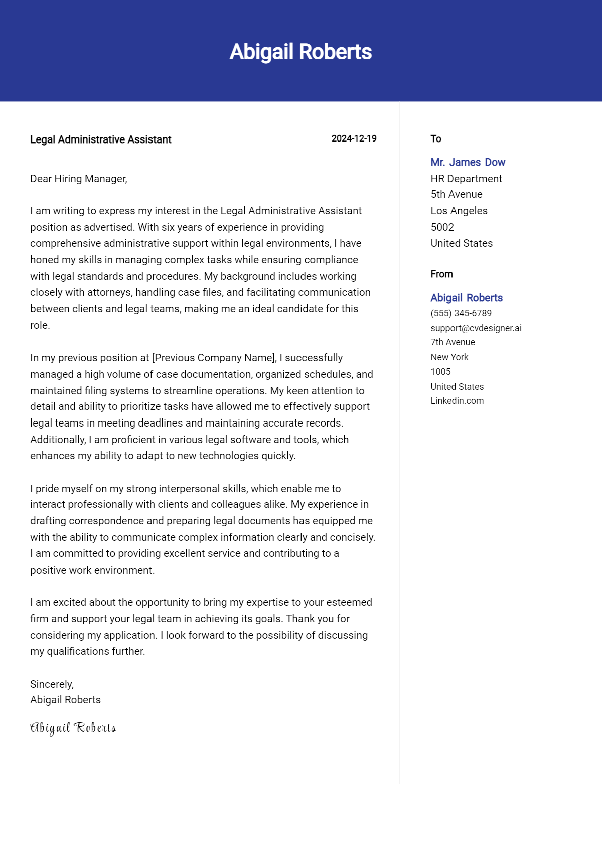 legal administrative assistant cover letter example