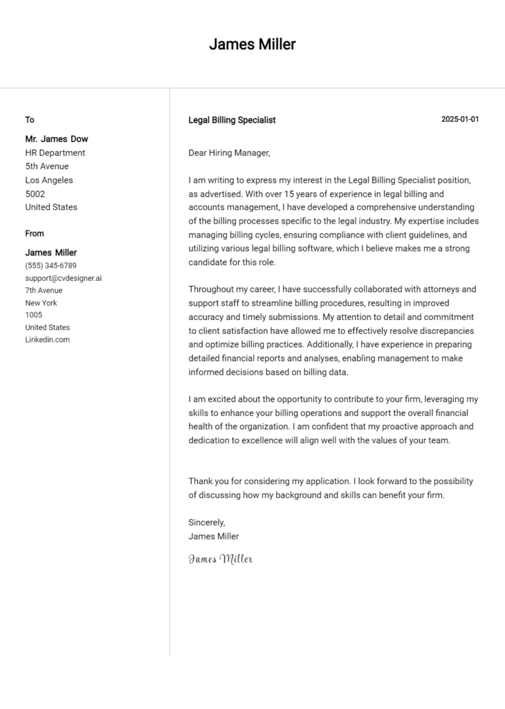 legal billing specialist cover letter example