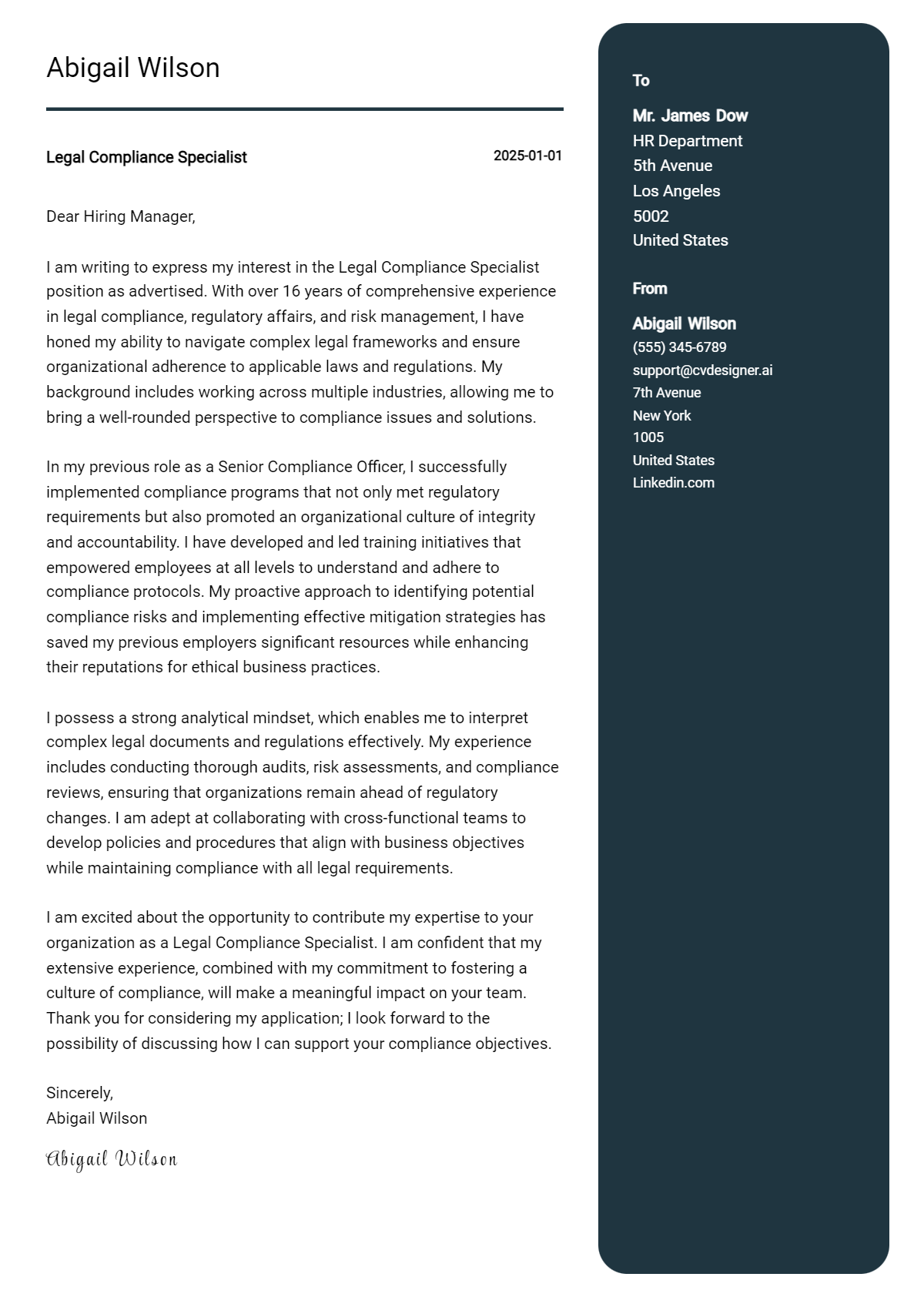 legal compliance specialist cover letter example