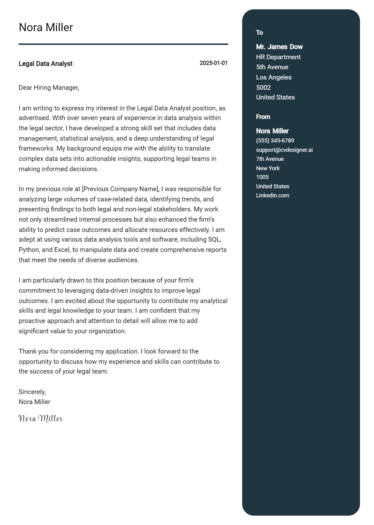 legal data analyst cover letter example