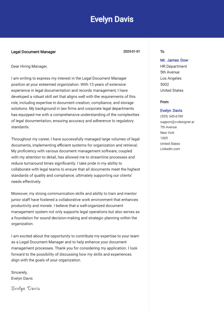 legal document manager cover letter example