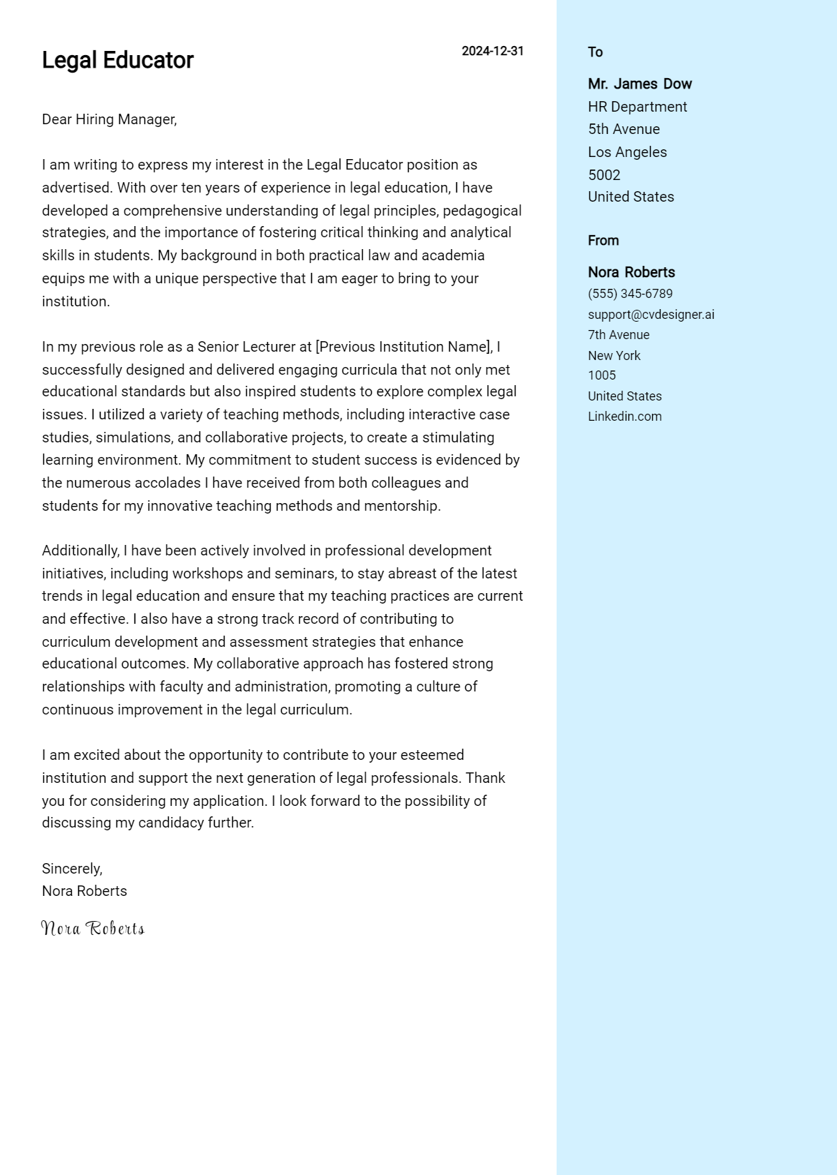 legal educator cover letter example