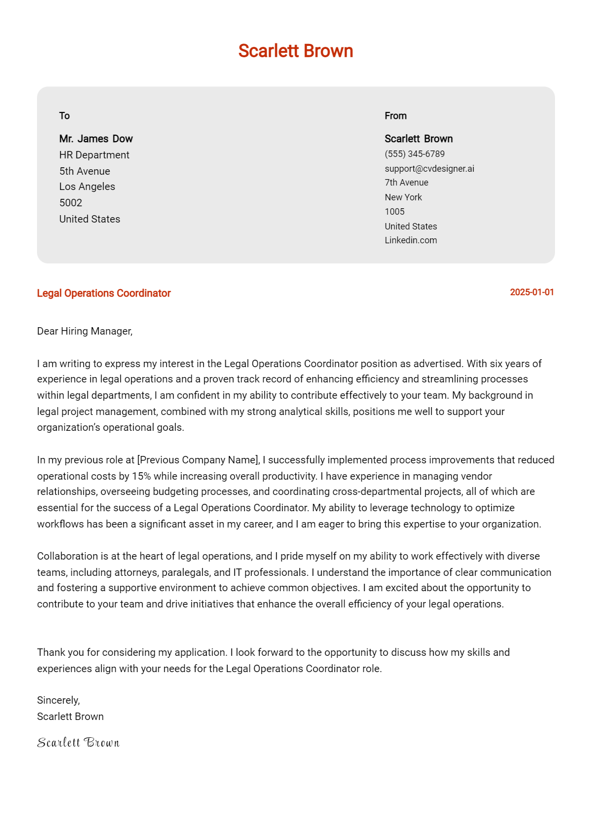 legal operations coordinator cover letter example