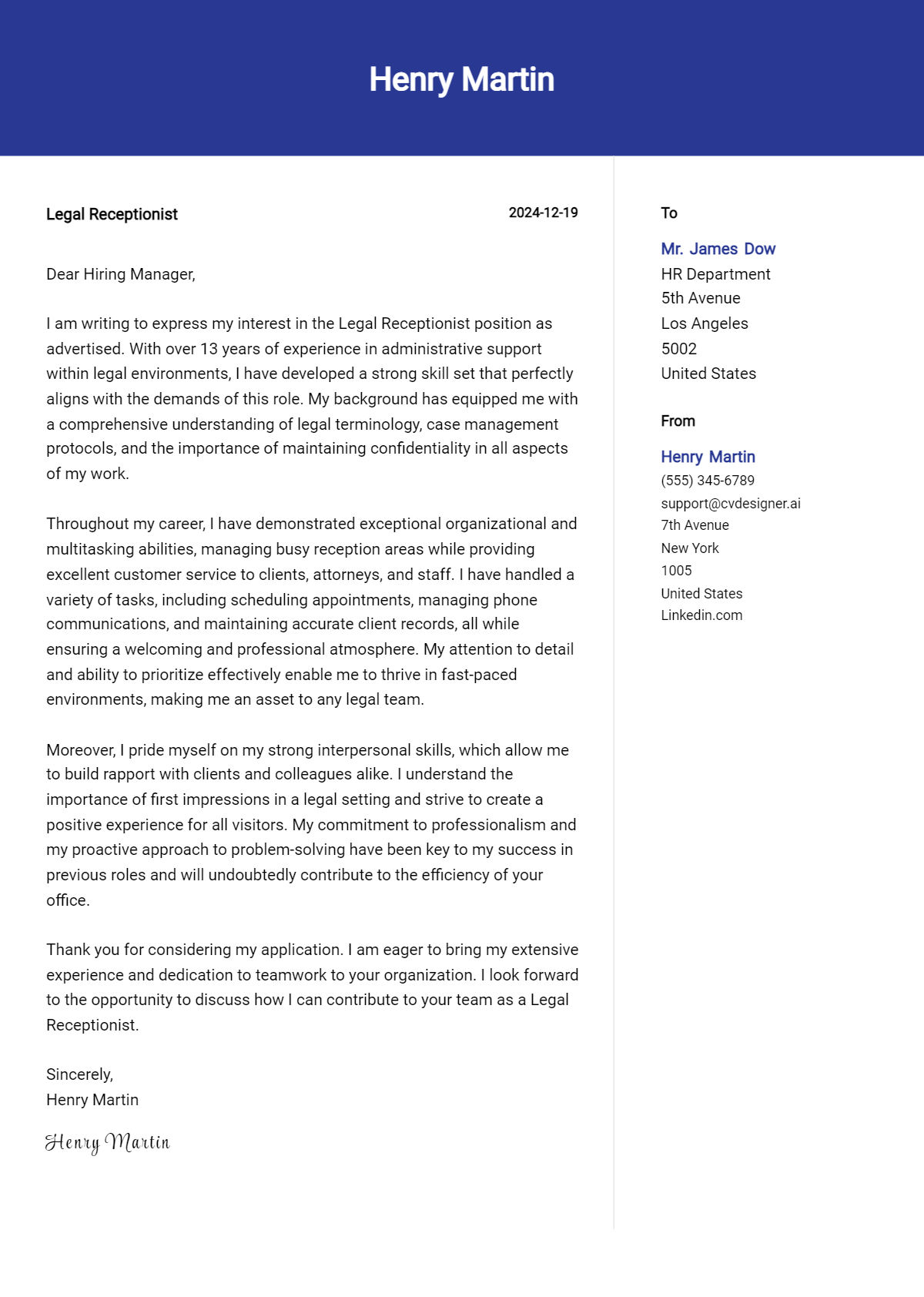 legal receptionist cover letter example