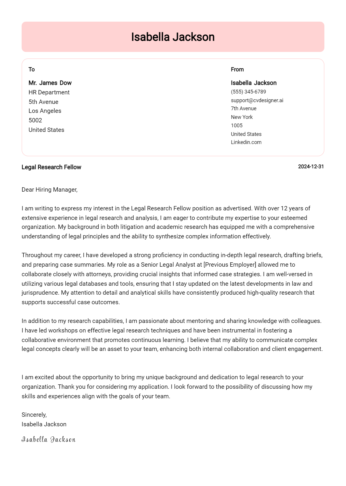 legal research fellow cover letter example