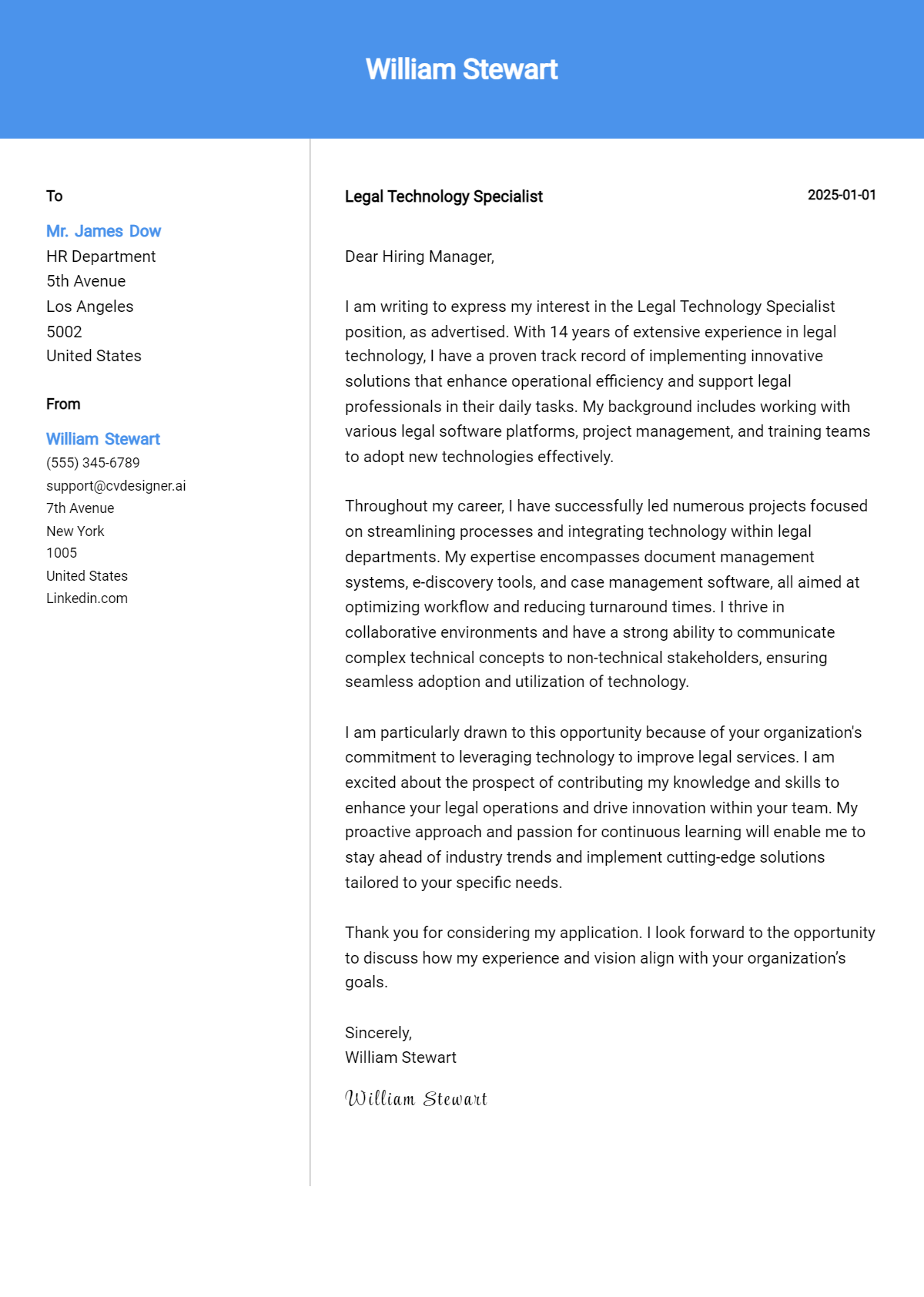 legal technology specialist cover letter example