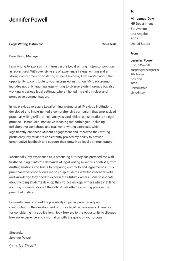 legal writing instructor cover letter example