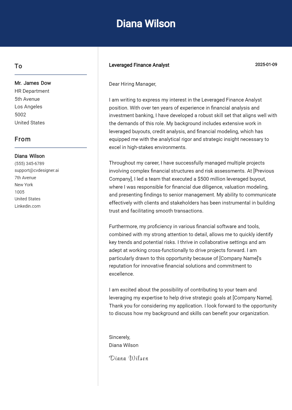 leveraged finance analyst cover letter example