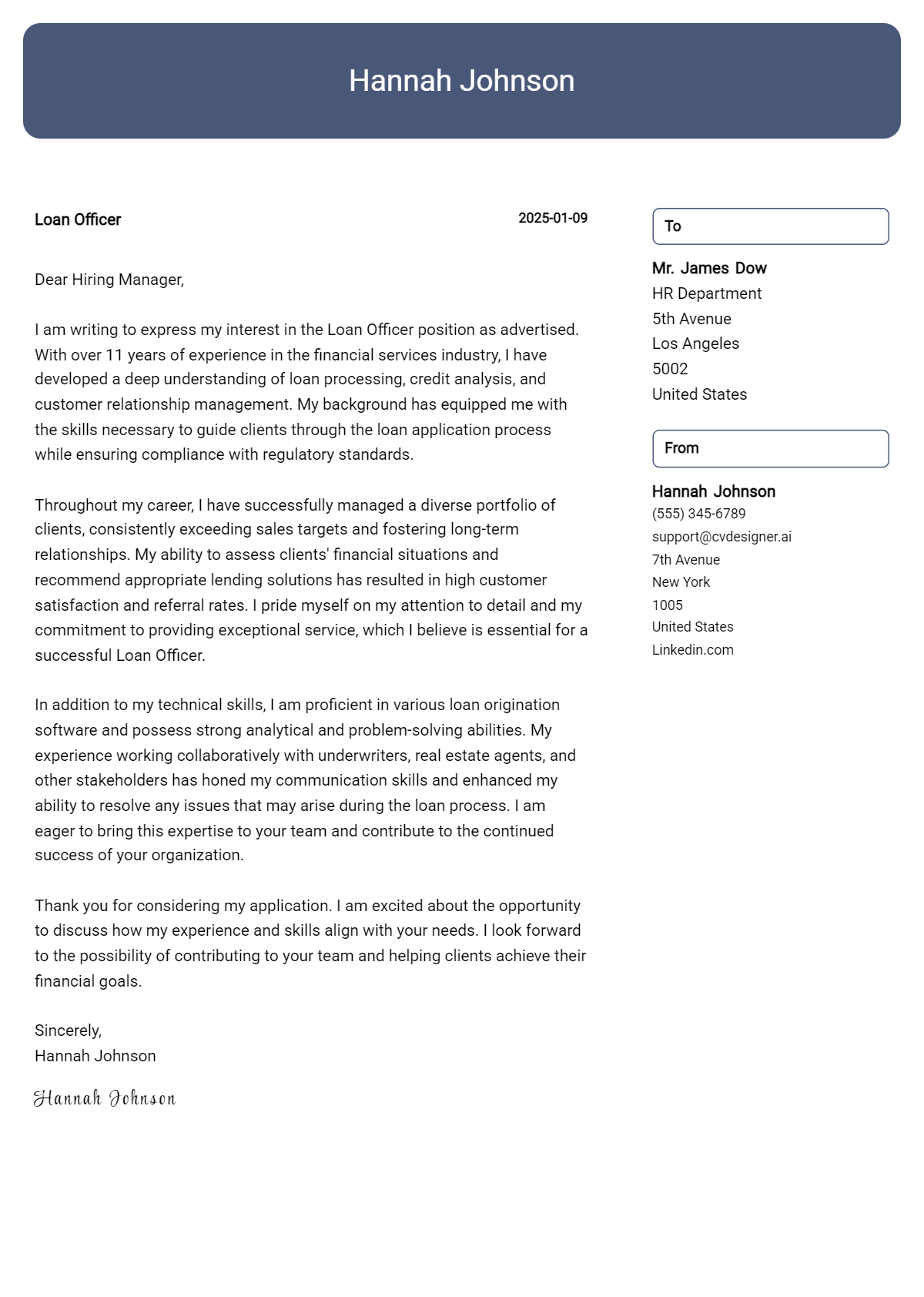 loan officer cover letter example