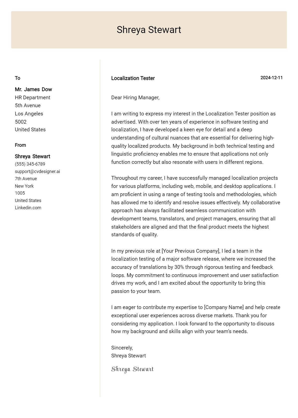 localization tester cover letter example