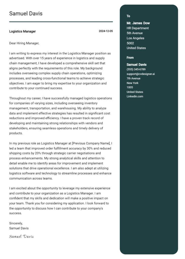 logistics manager cover letter example