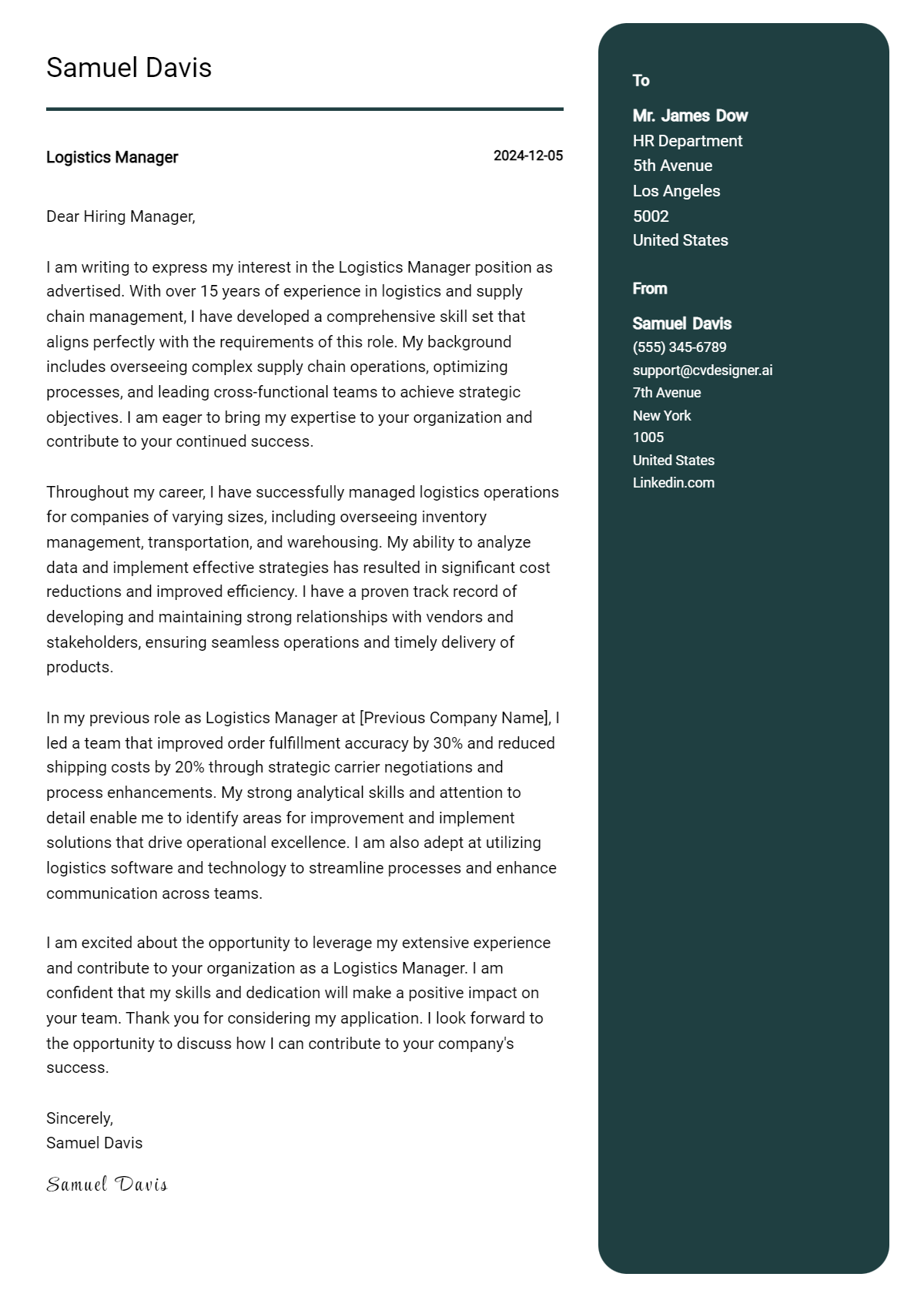 logistics manager cover letter example