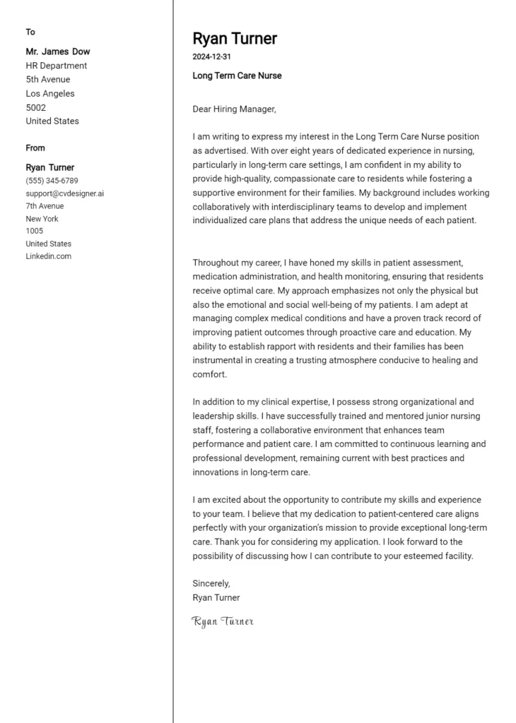 long term care nurse cover letter example
