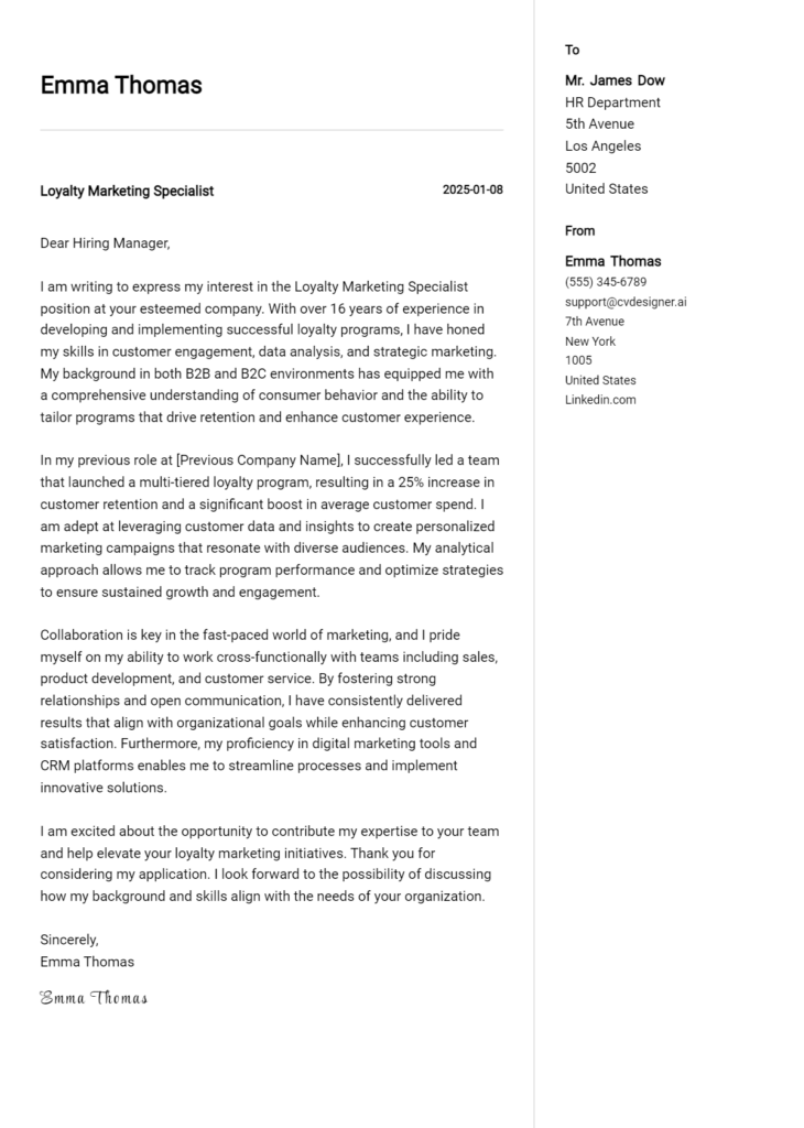 loyalty marketing specialist cover letter example