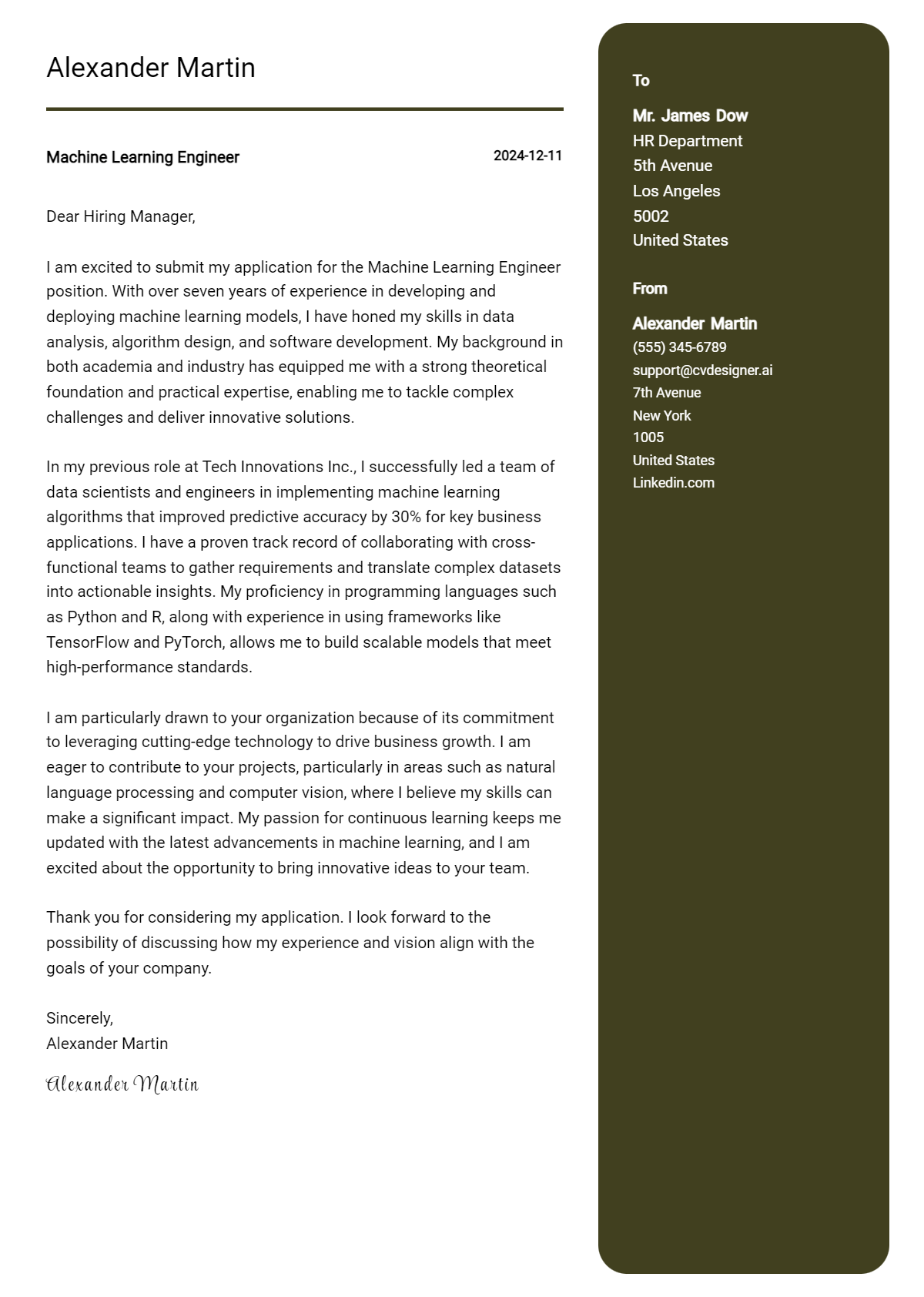 machine learning engineer cover letter example