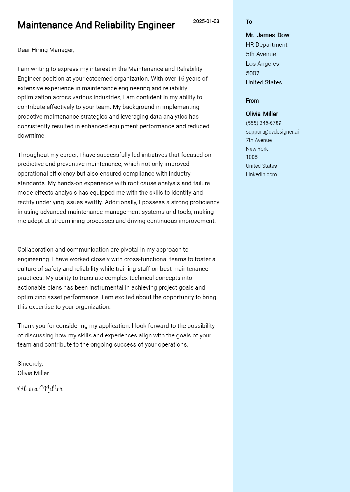 maintenance and reliability engineer cover letter example