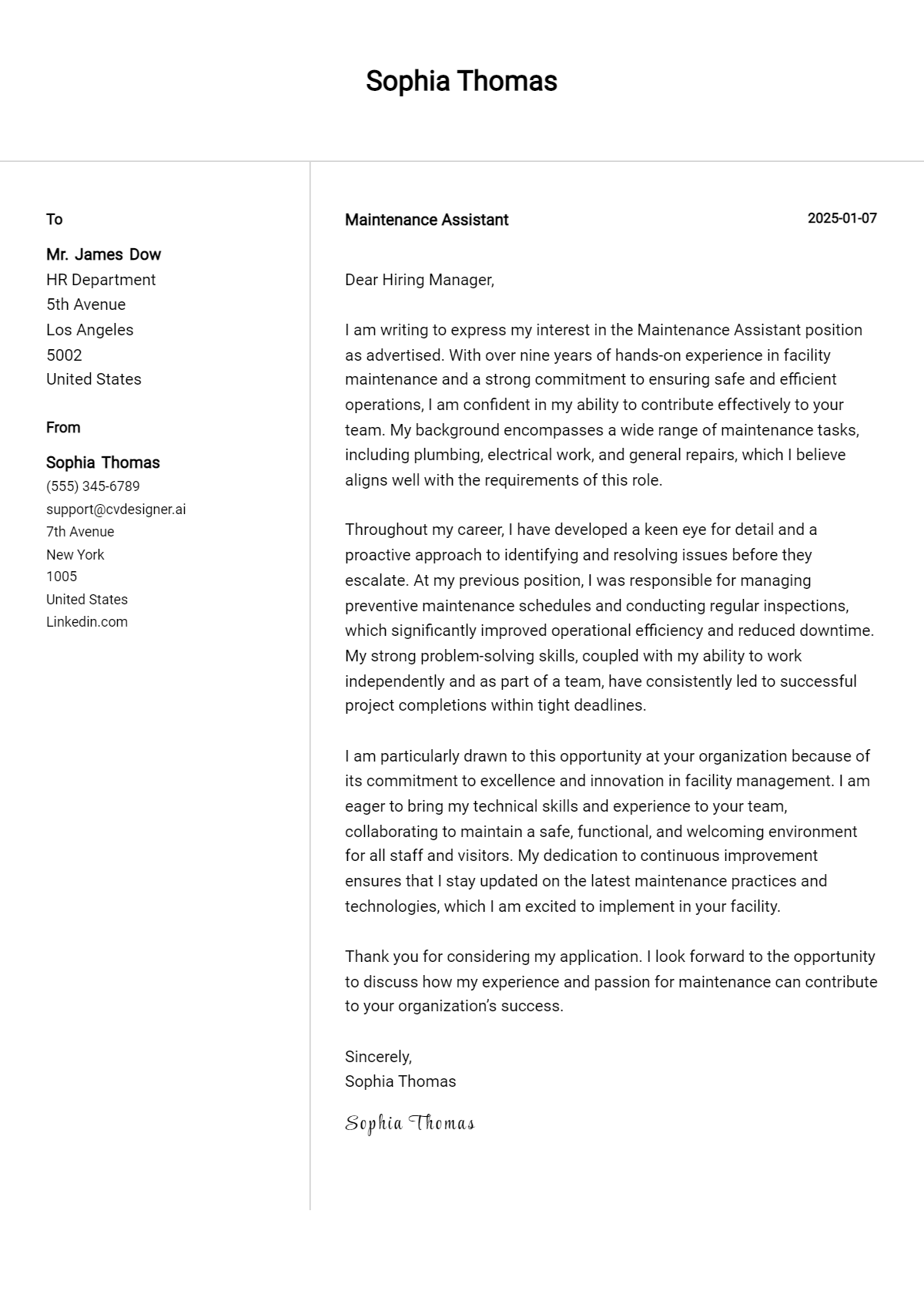 maintenance assistant cover letter example