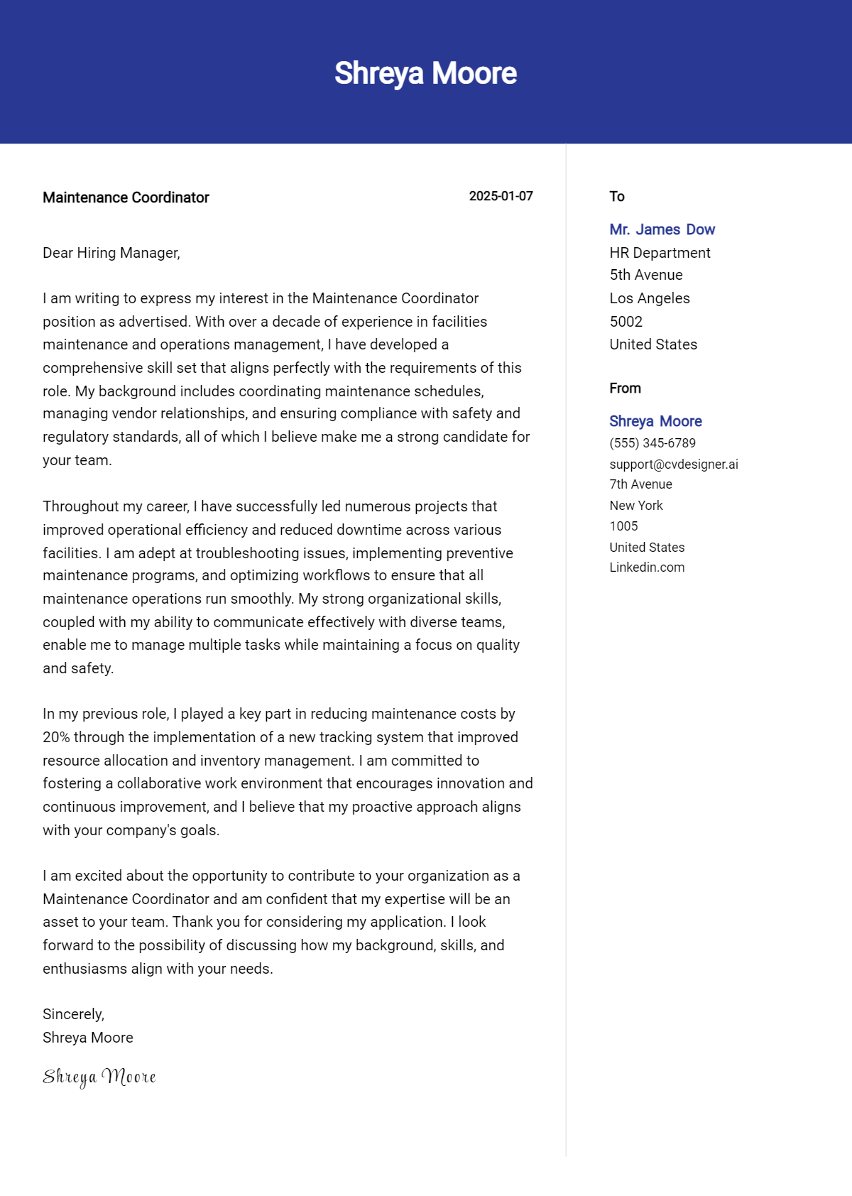 maintenance coordinator cover letter example