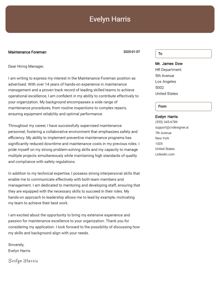 maintenance foreman cover letter example