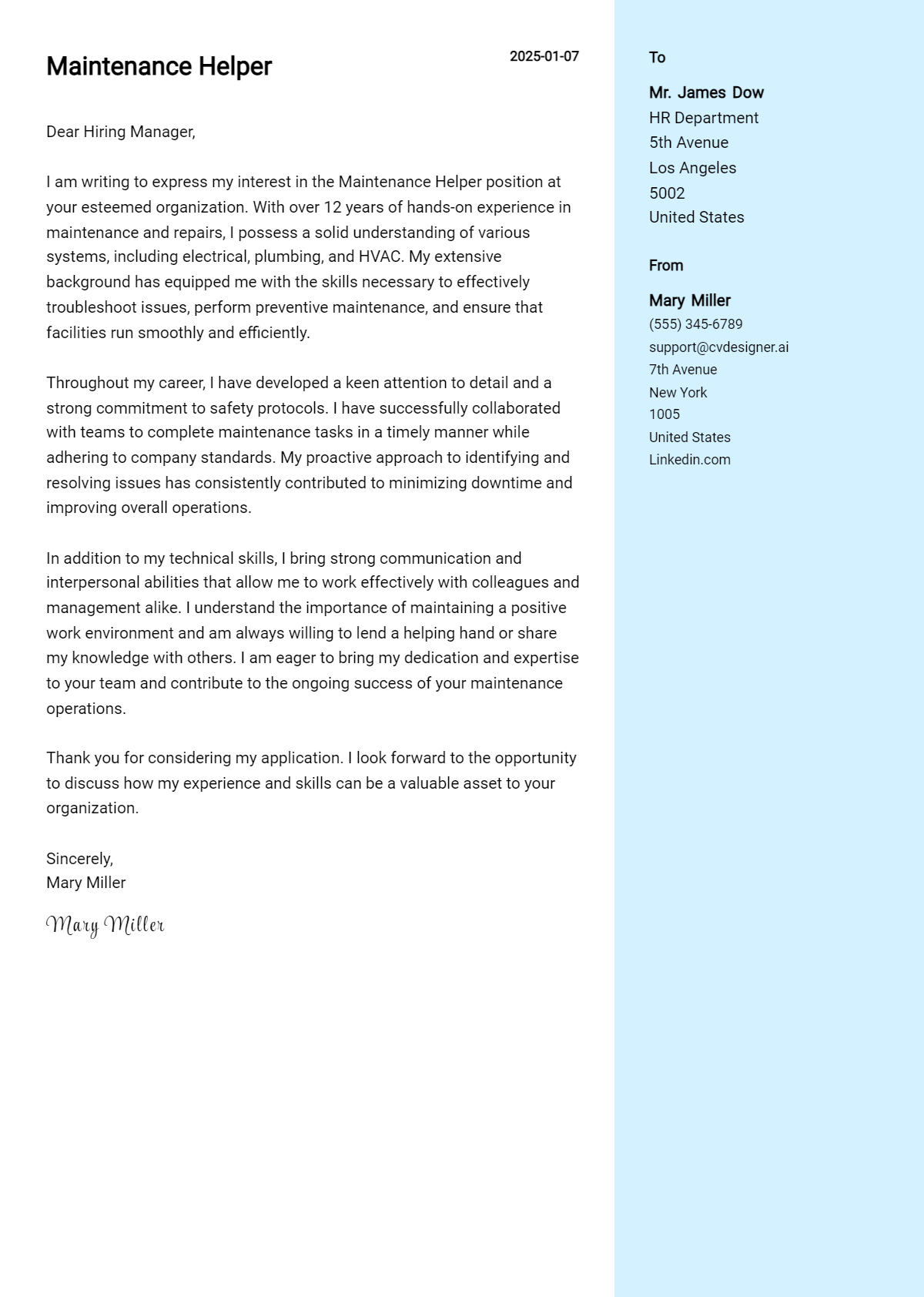 maintenance helper cover letter example