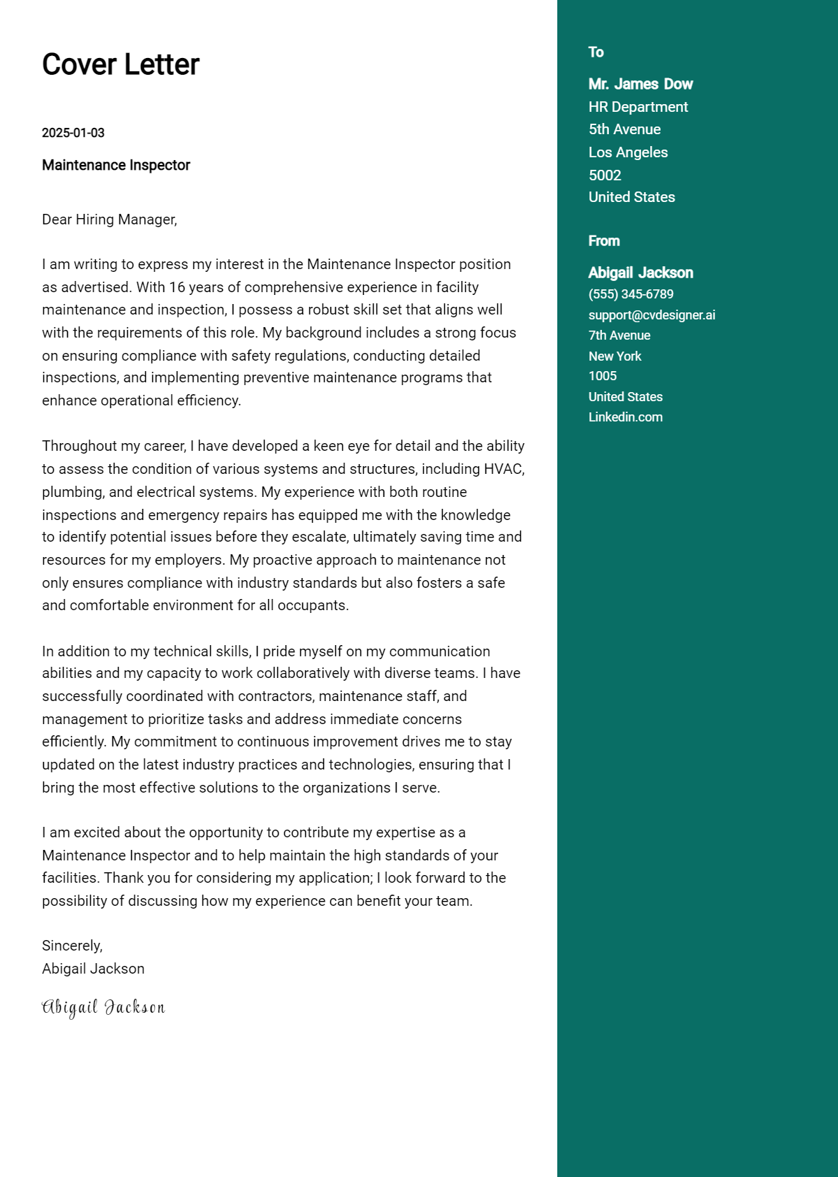 maintenance inspector cover letter example