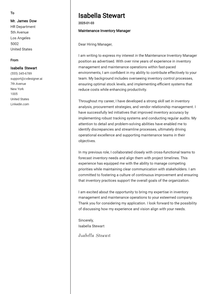 maintenance inventory manager cover letter example