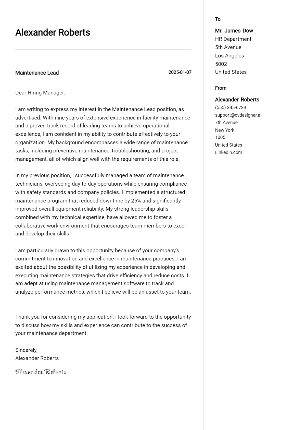 maintenance lead cover letter example