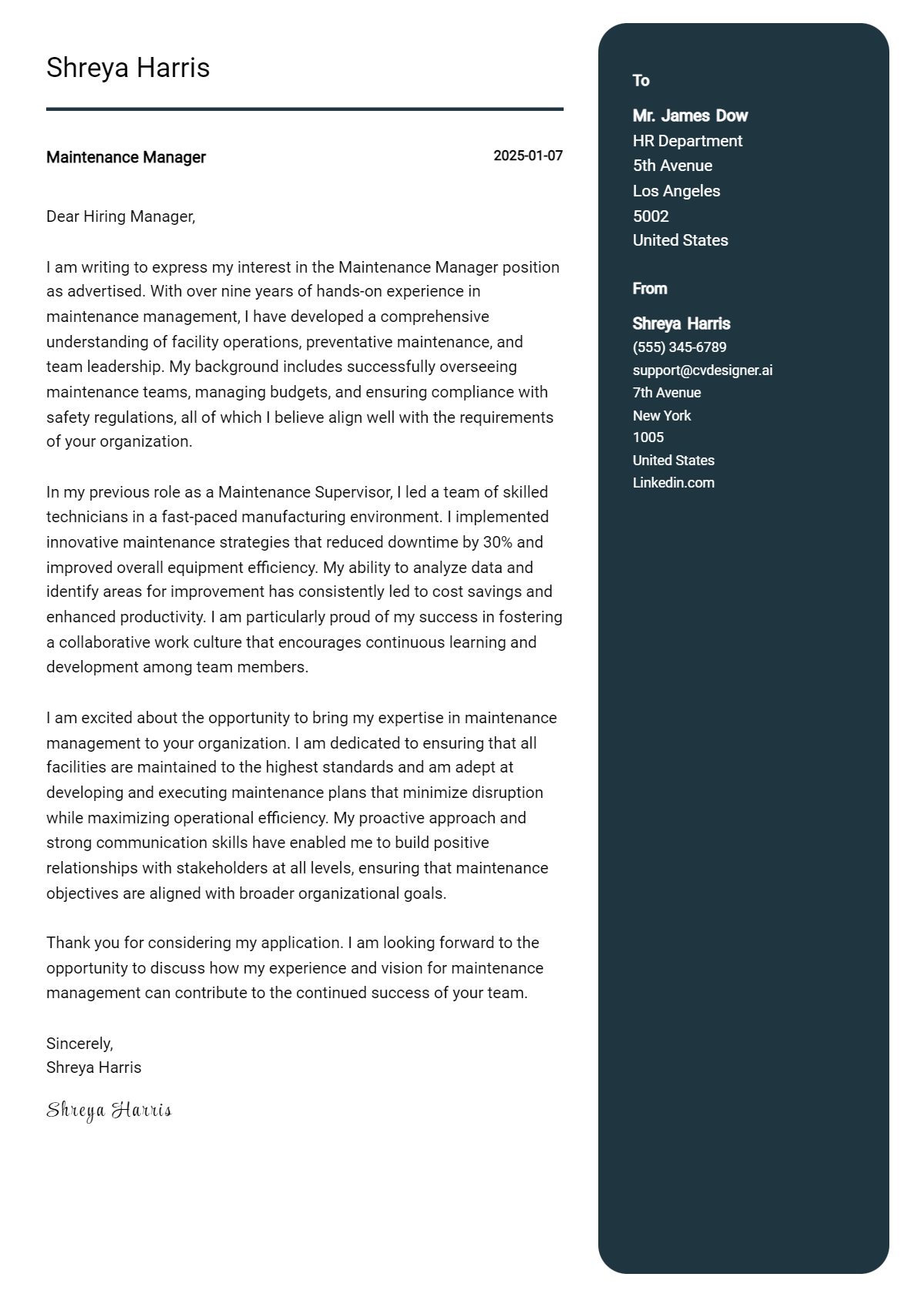 maintenance manager cover letter example