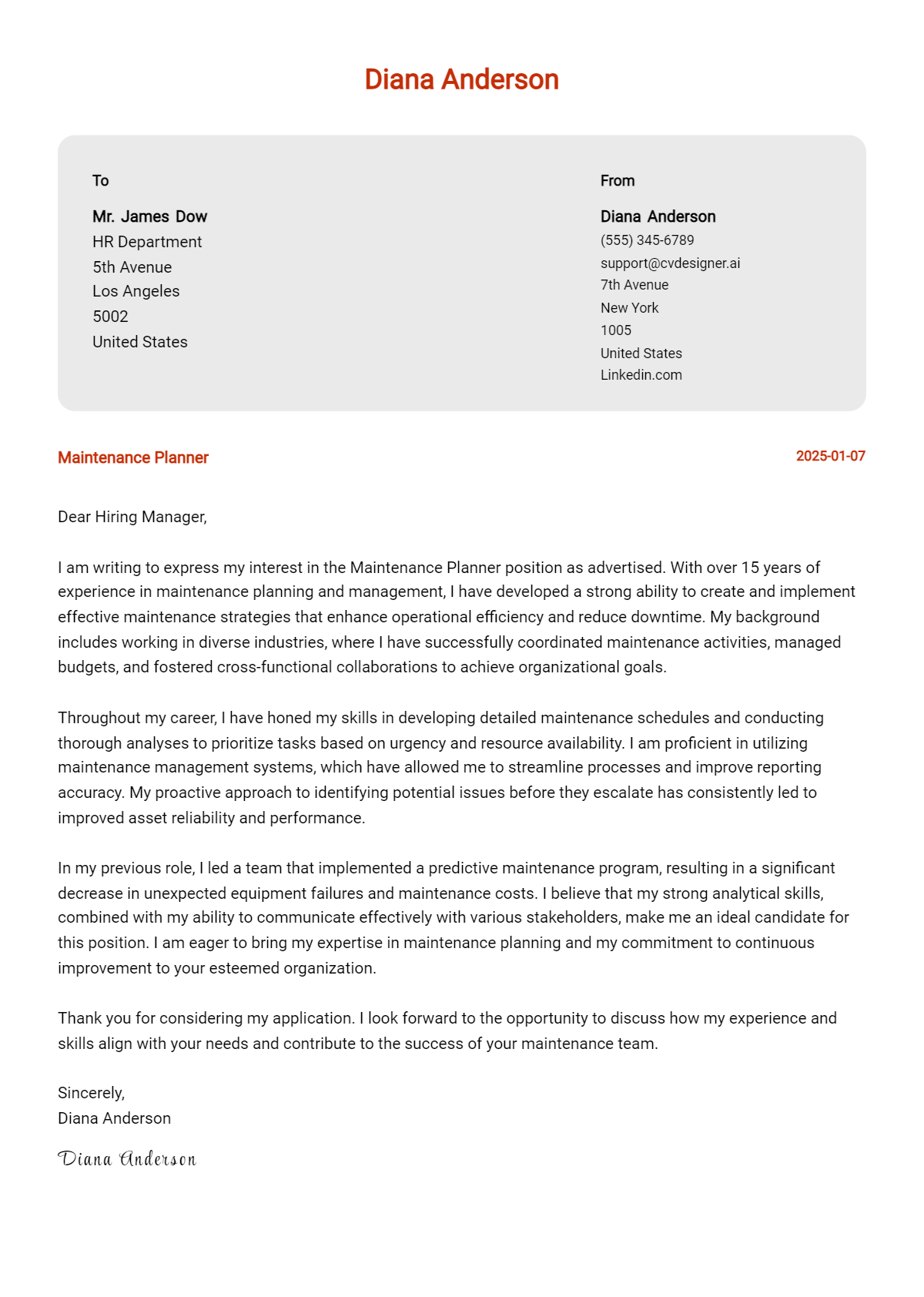 maintenance planner cover letter example