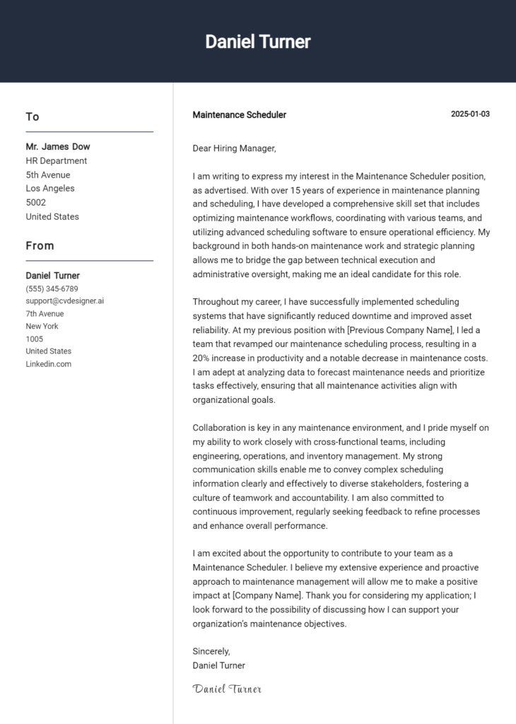maintenance scheduler cover letter example