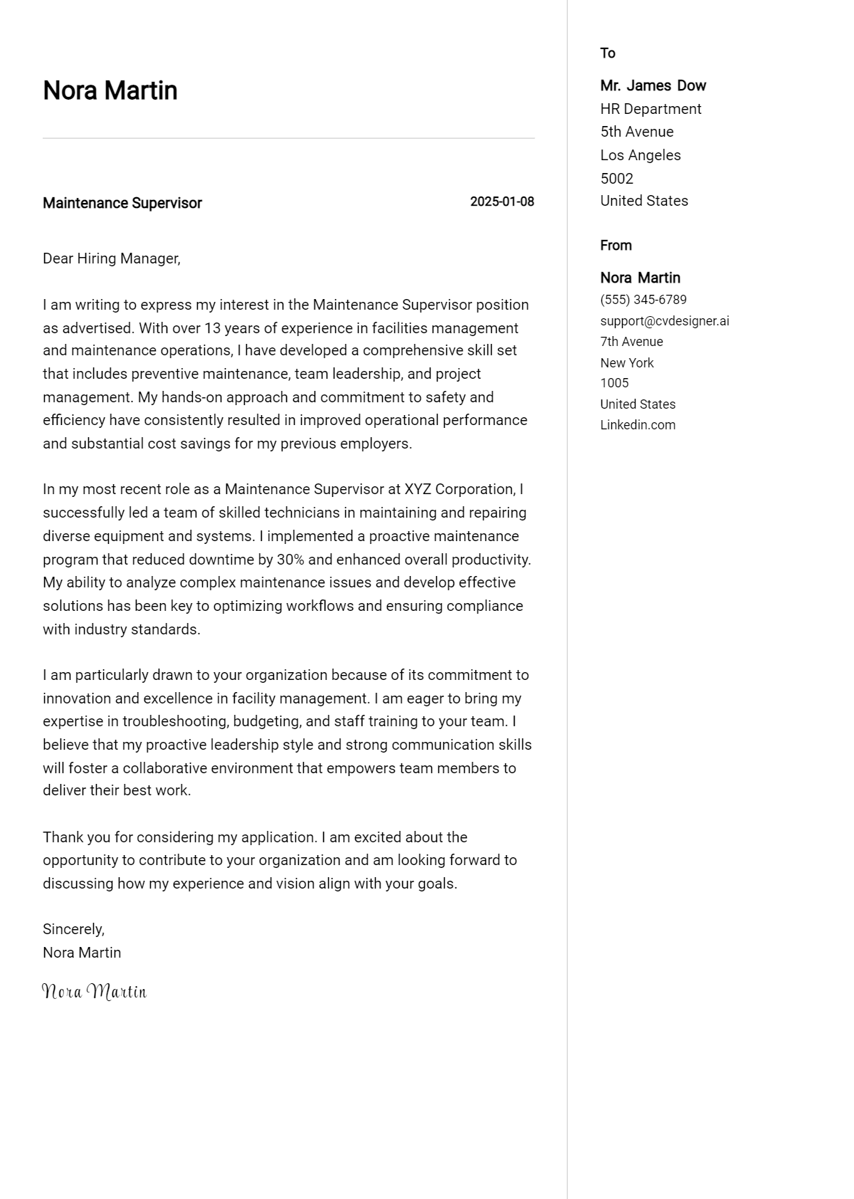 maintenance supervisor cover letter example