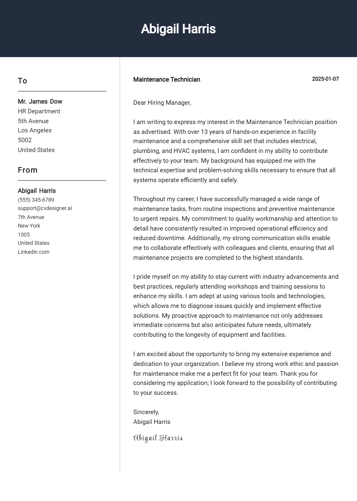 maintenance technician cover letter example