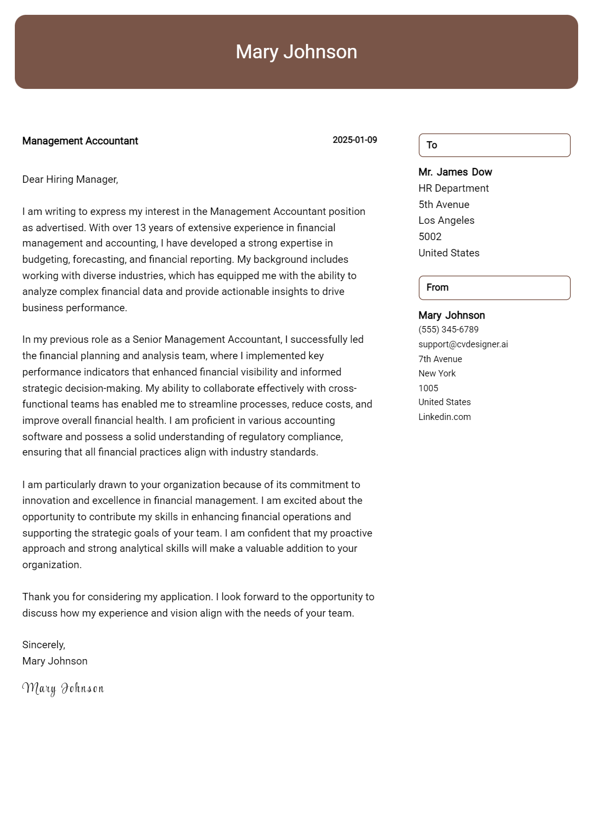 management accountant cover letter example