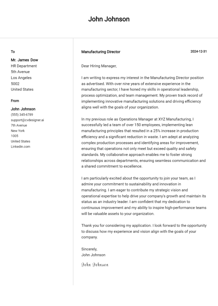 manufacturing director cover letter example