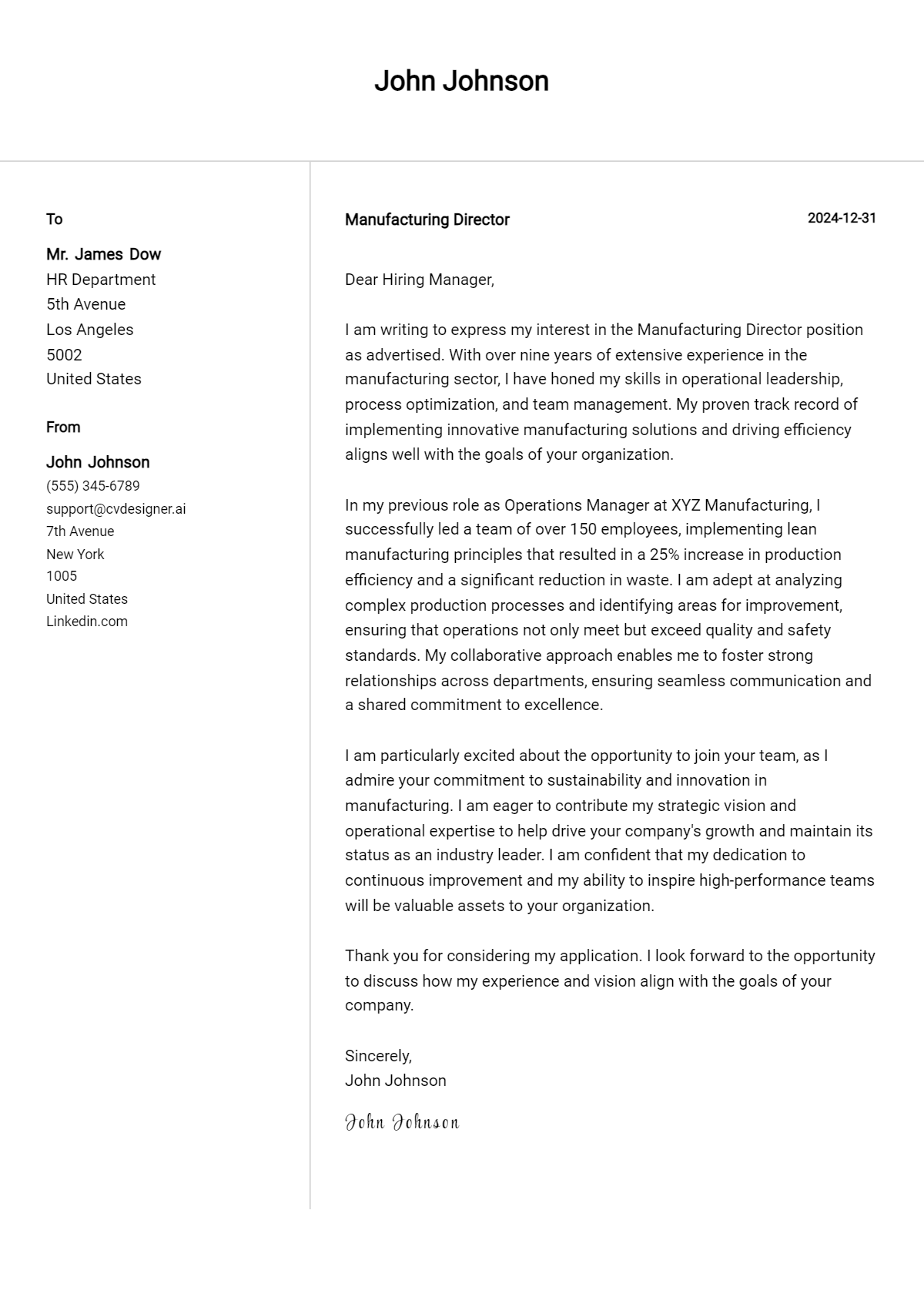 manufacturing director cover letter example