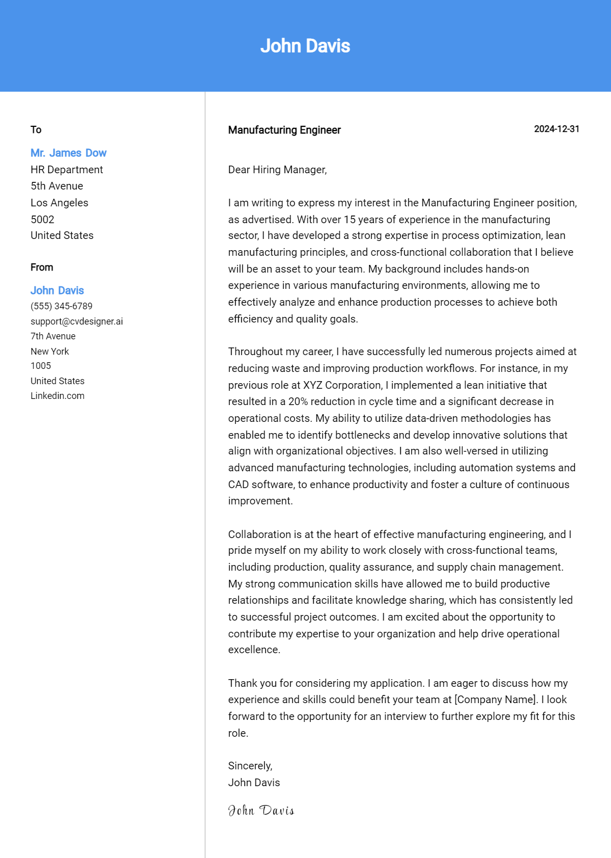 manufacturing engineer cover letter example