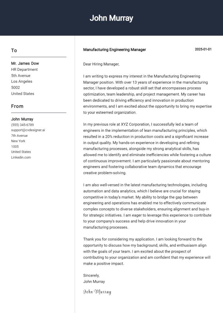 manufacturing engineering manager cover letter example