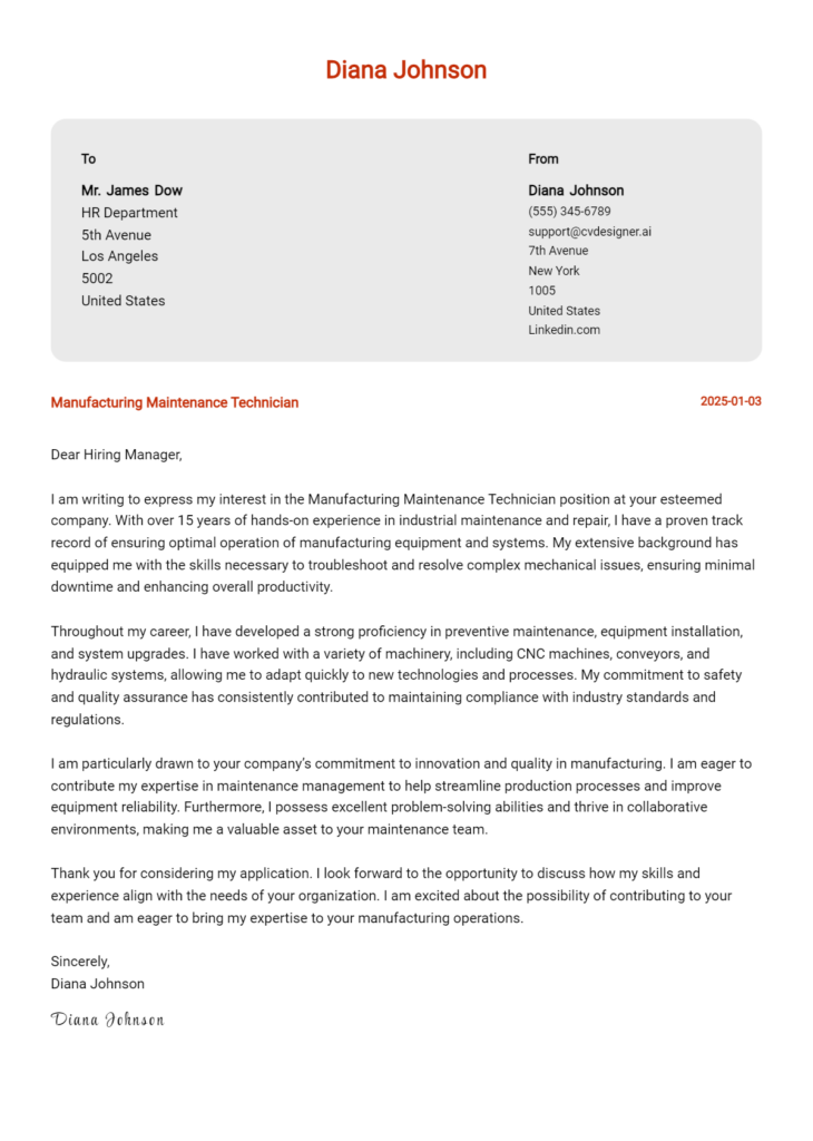 manufacturing maintenance technician cover letter example