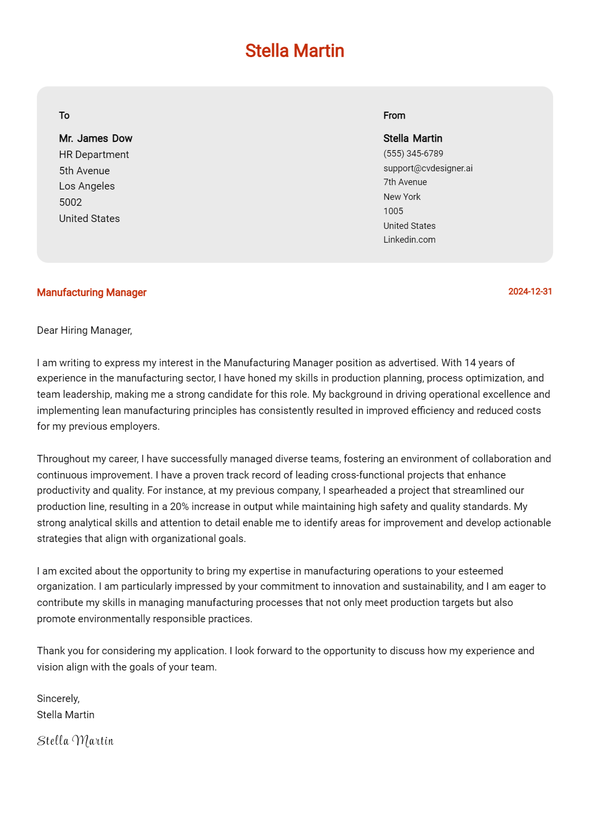 manufacturing manager cover letter example