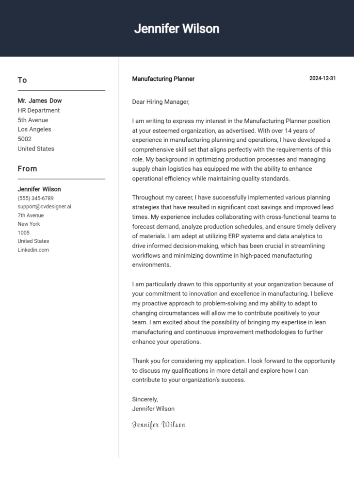 manufacturing planner cover letter example