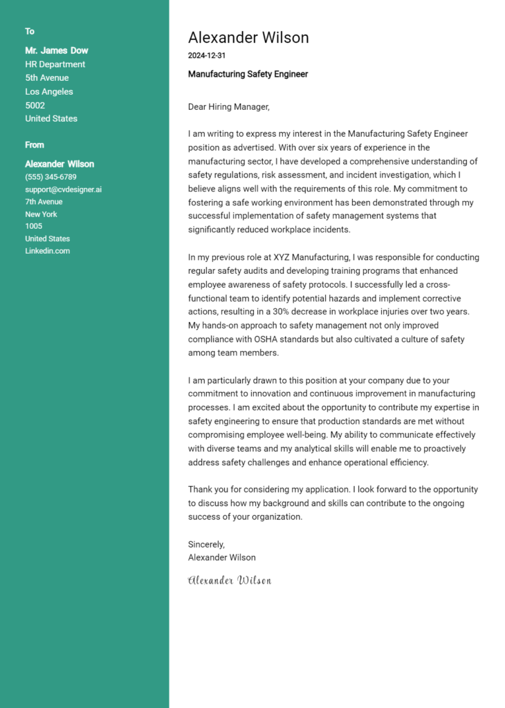 manufacturing safety engineer cover letter example