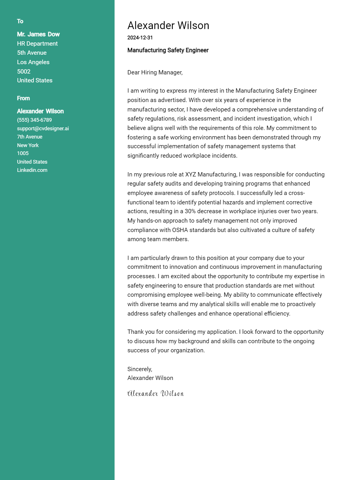 manufacturing safety engineer cover letter example