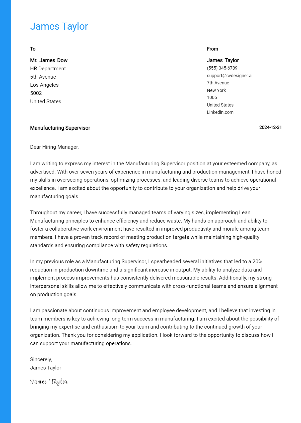 manufacturing supervisor cover letter example