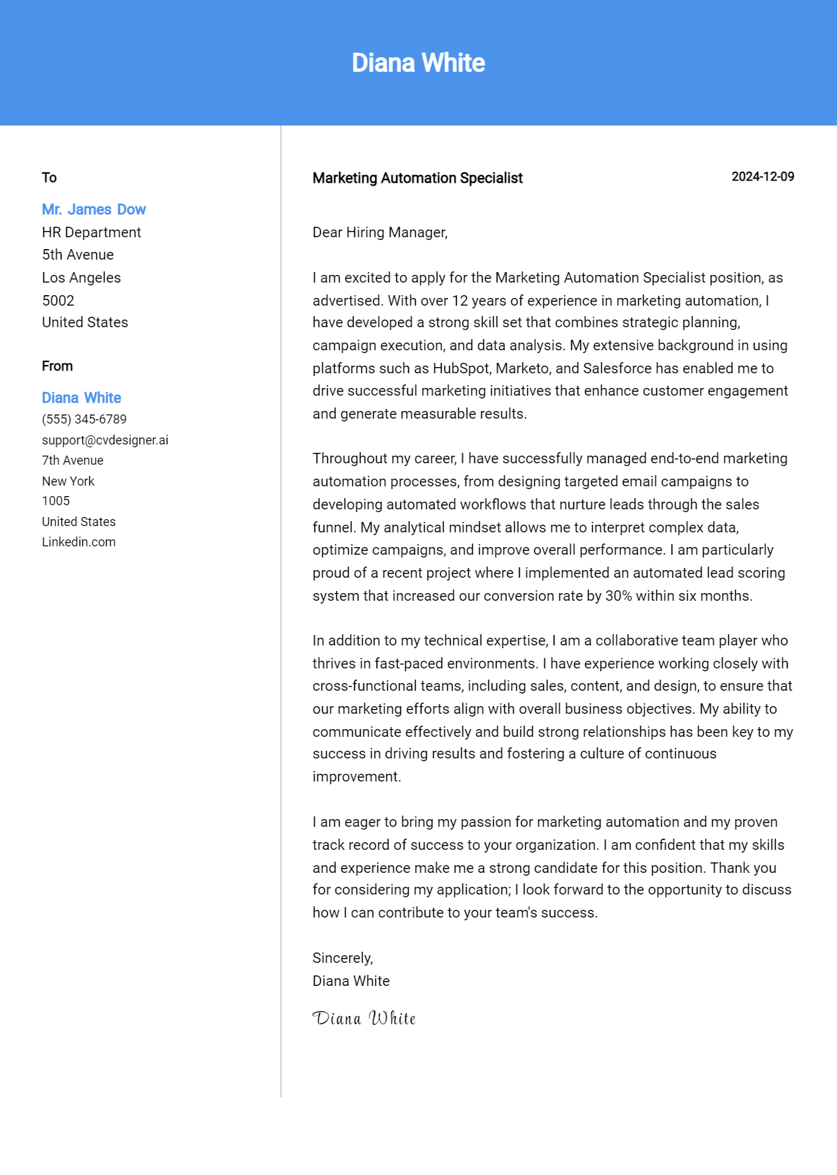 marketing automation specialist cover letter example