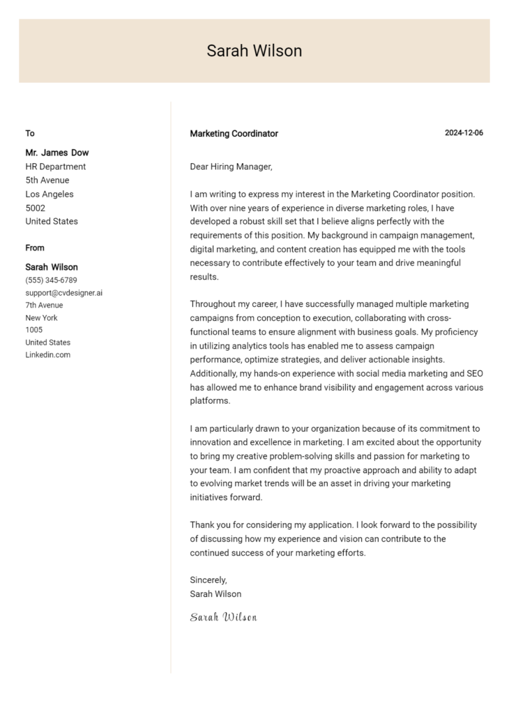 marketing coordinator cover letter example